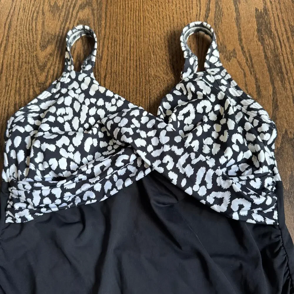 Lands End Womens Black White Leopard Underwire Tankini Swim Suit Top Size 12D - Picture 3 of 6